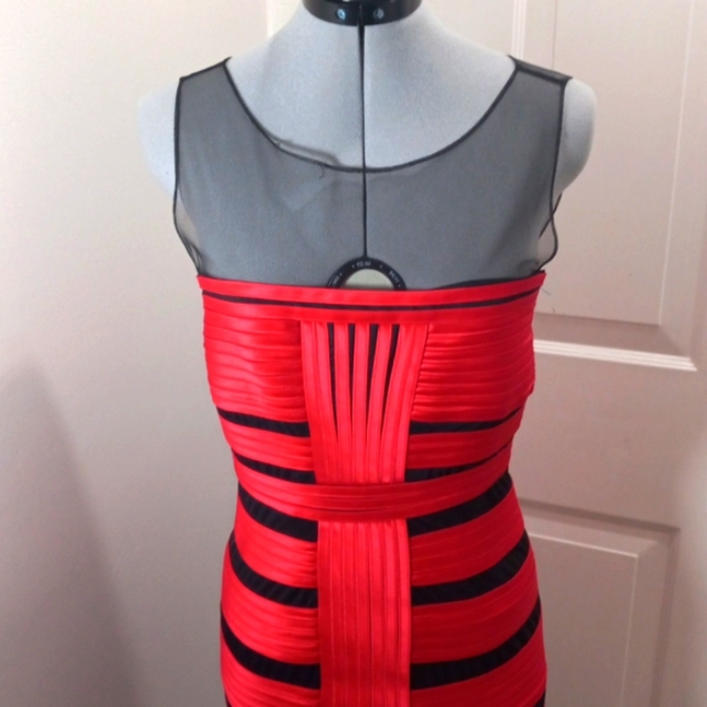 BCBG Size 4 Red and Black Mesh Inserts Bodycon Dress